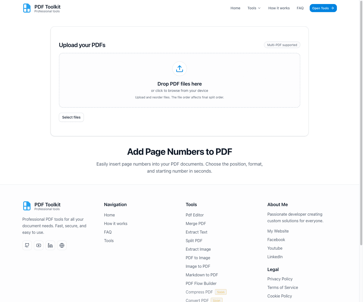 Page Number PDF tool page showing the upload area and hero heading