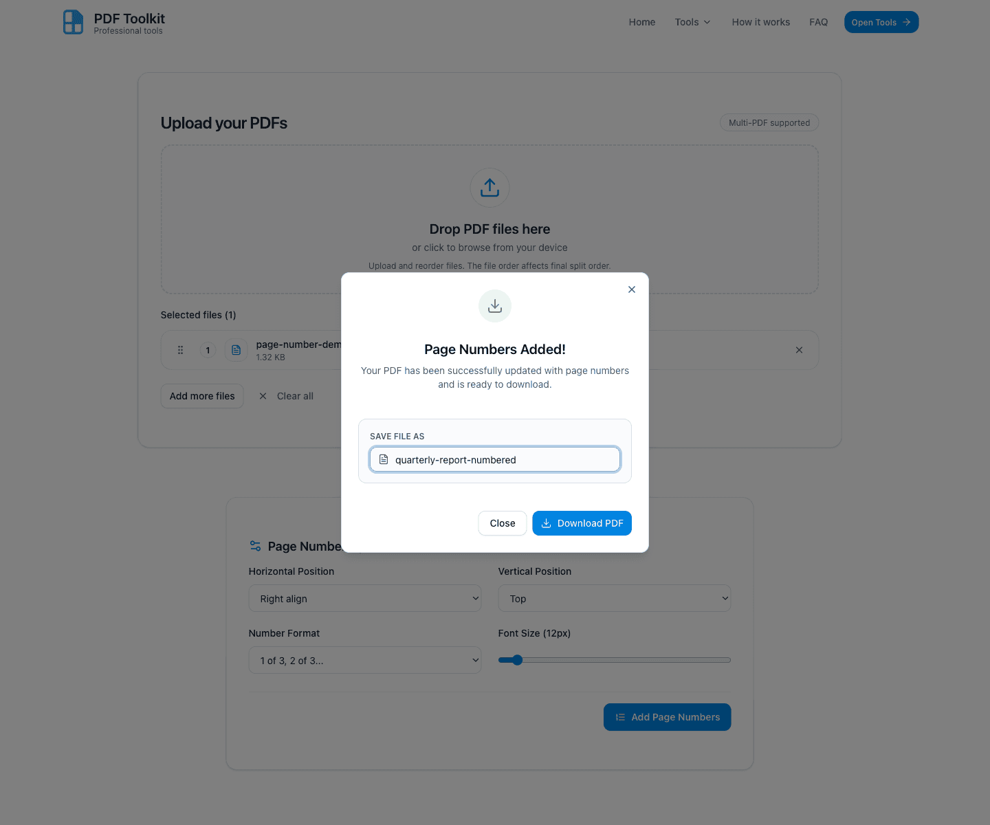 Download dialog with custom filename and Download PDF button