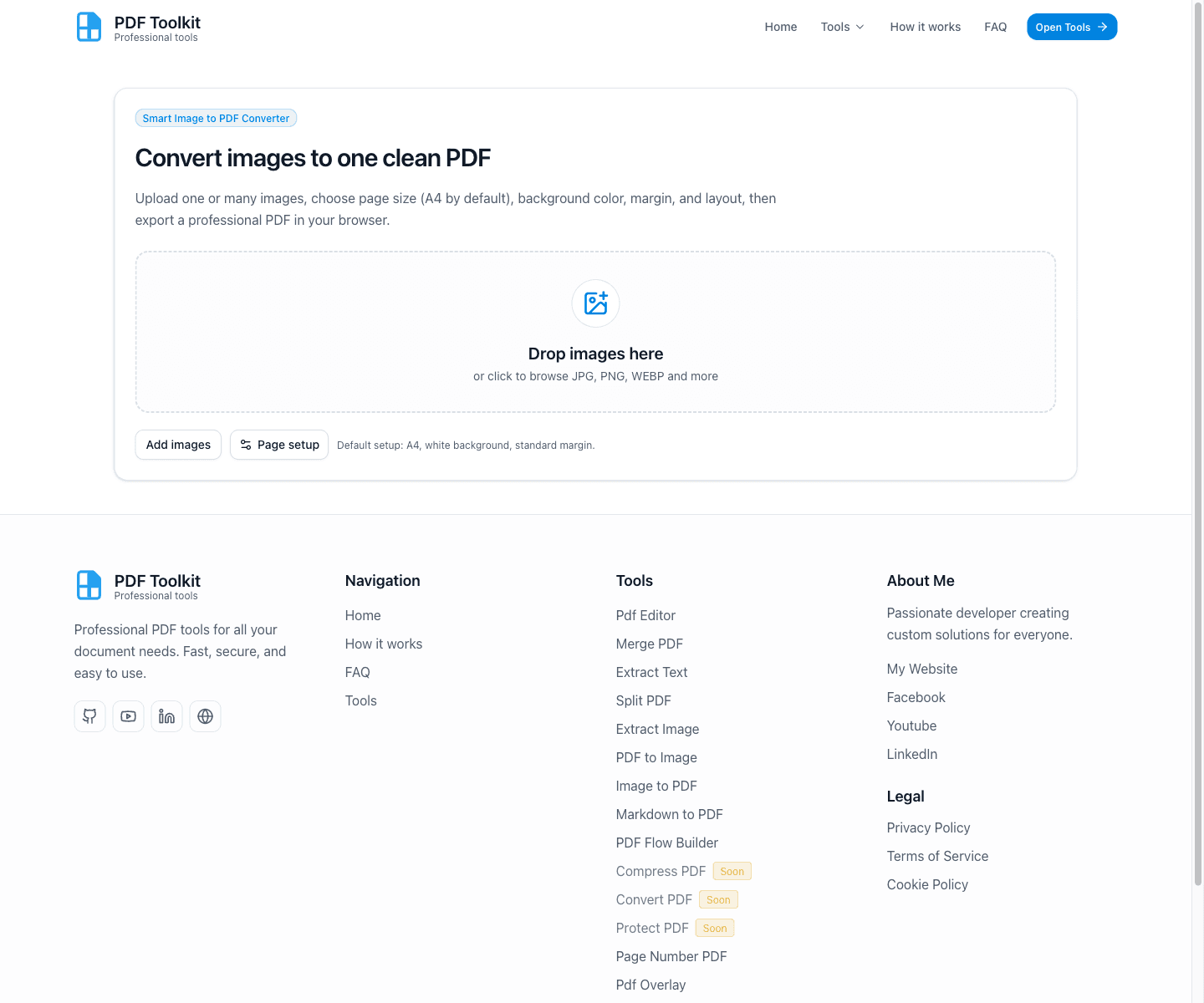 Image to PDF landing page with drop zone and page setup button
