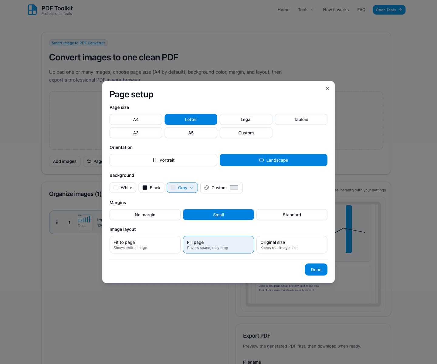 Image to PDF Page setup dialog with page size, orientation, background, margins, and image layout