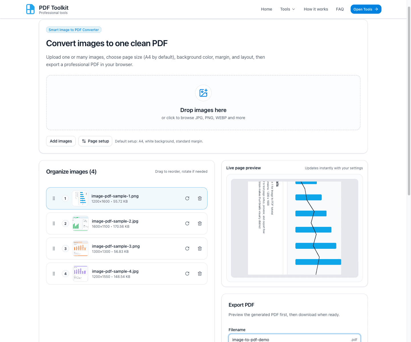 Image to PDF workspace showing rotated image and custom filename