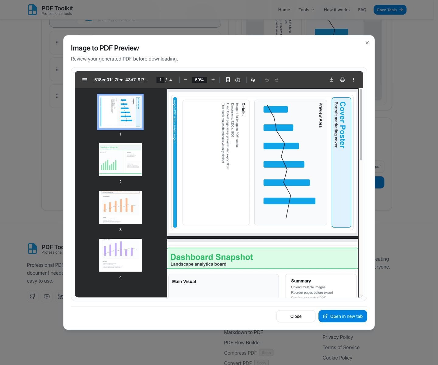 Image to PDF Preview dialog showing generated multi-page PDF