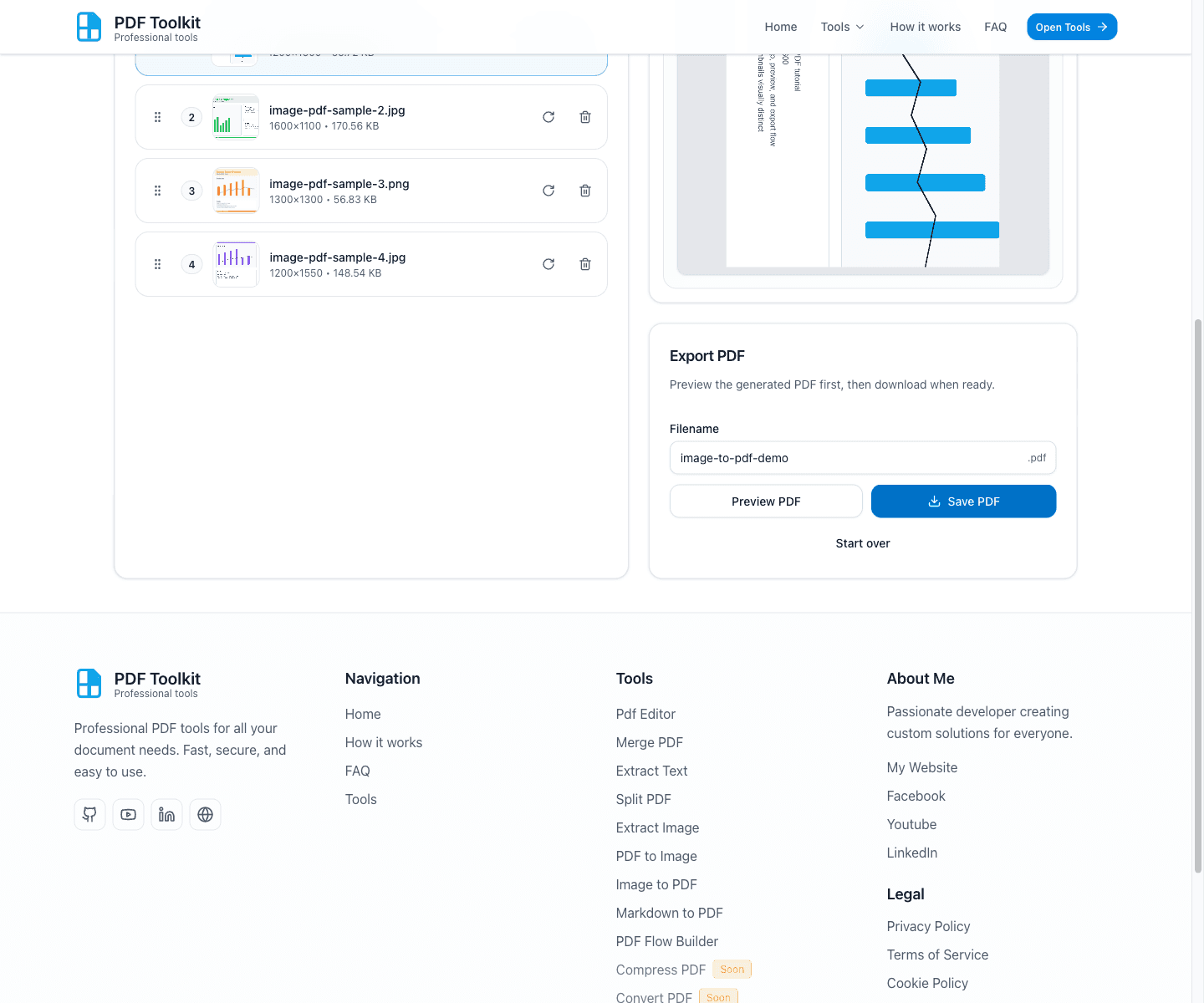 Image to PDF export card with Save PDF button and filename