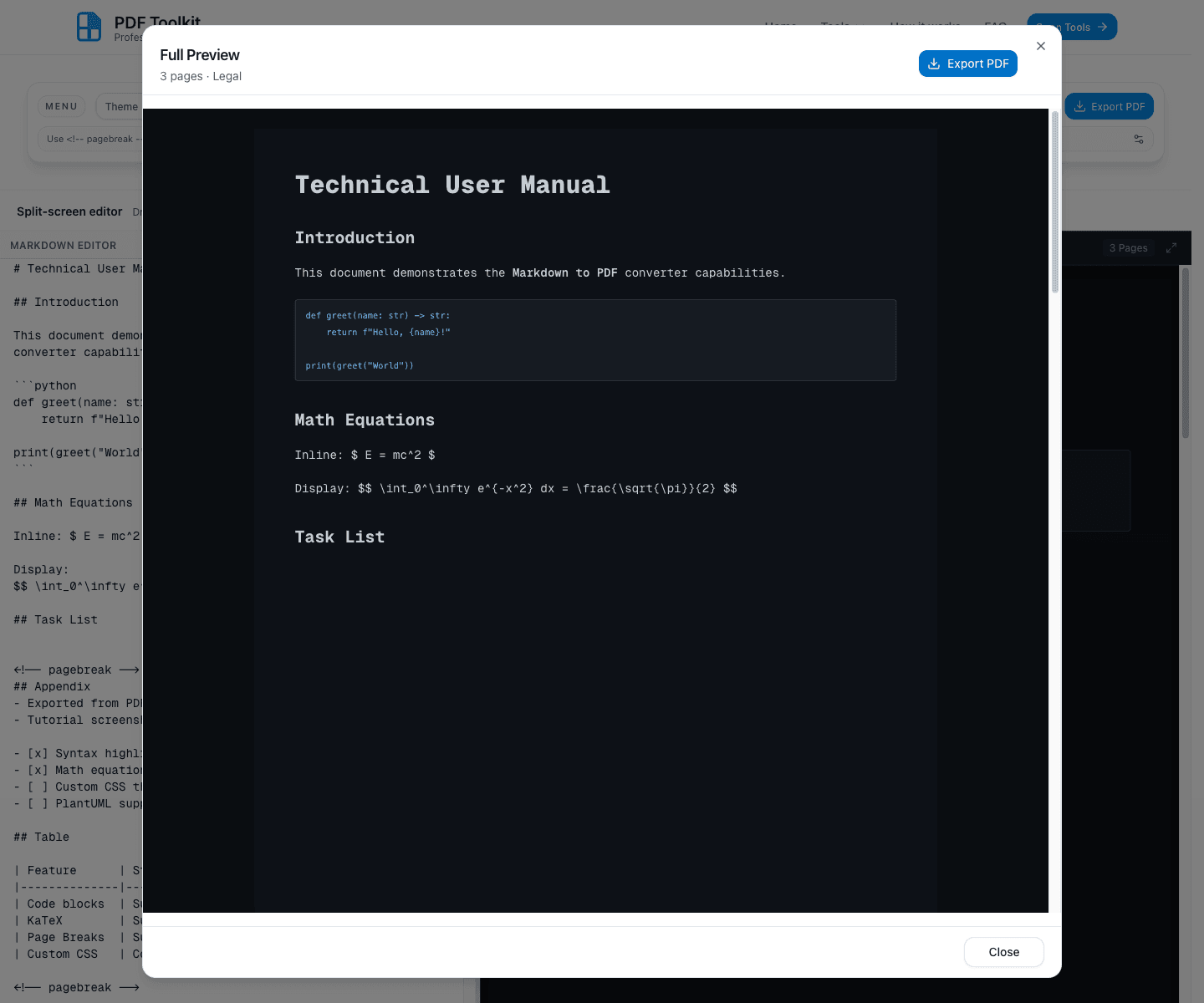 Markdown to PDF full preview dialog export action and download state