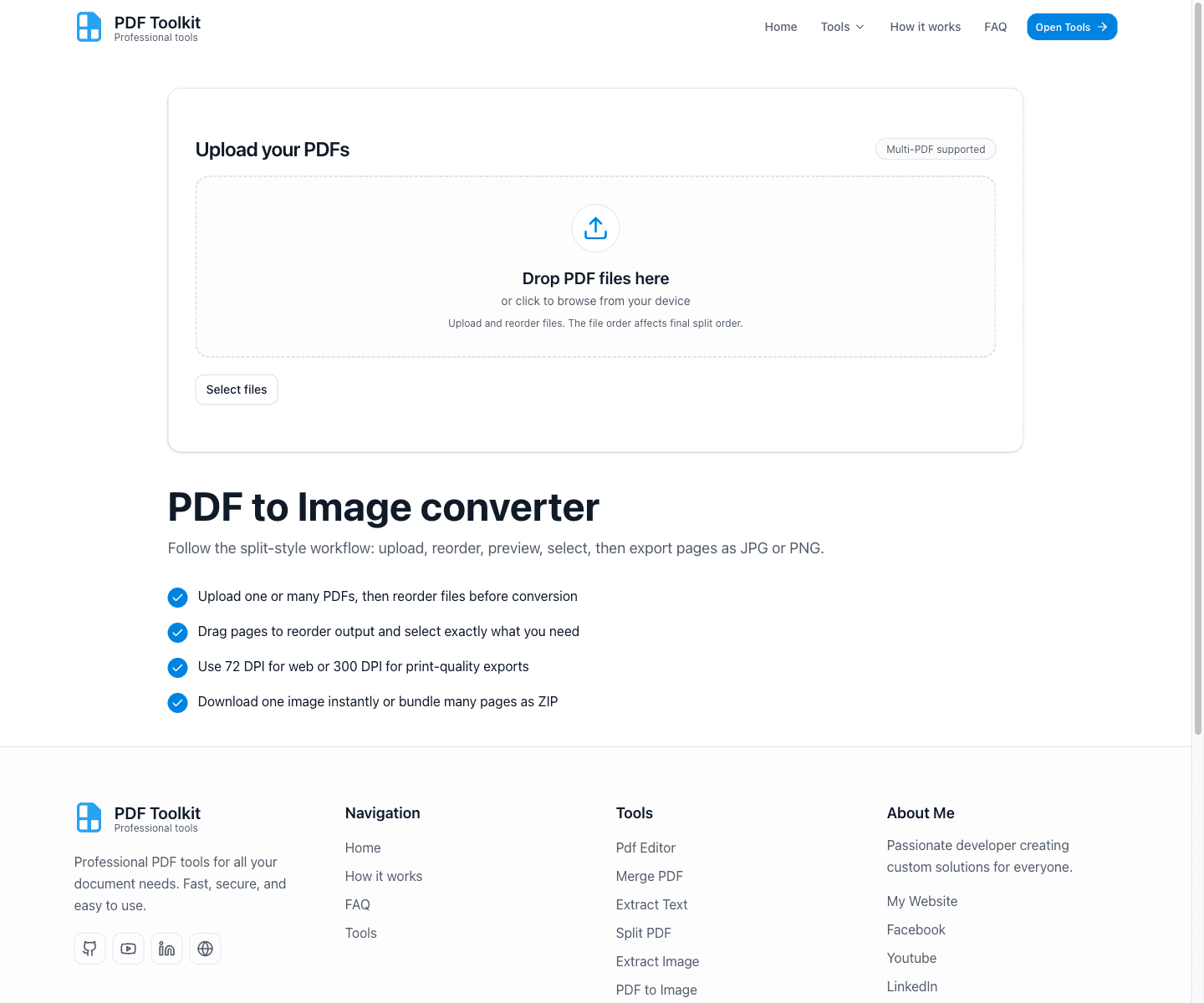 PDF to Image tool landing page with upload area and feature list