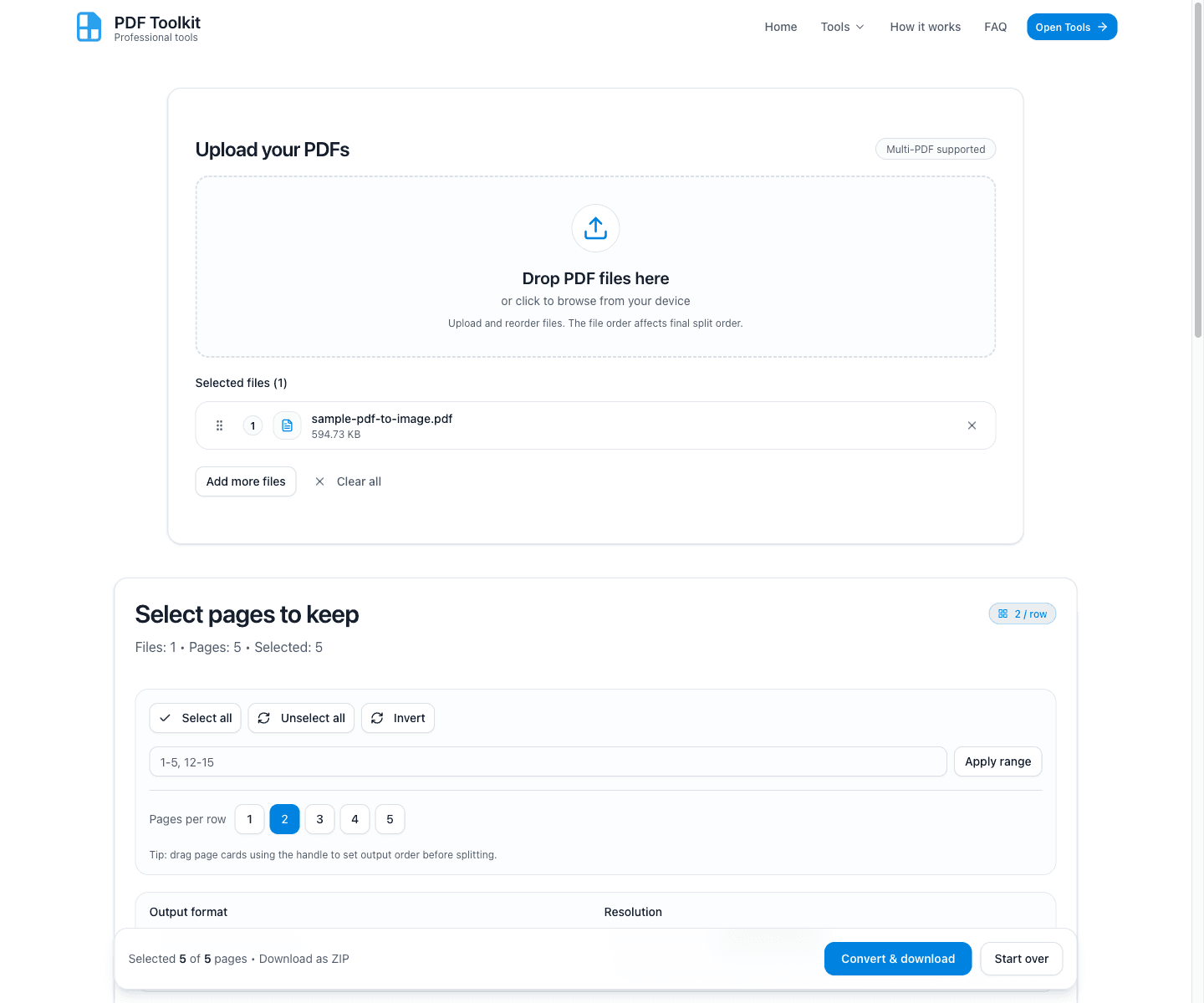 PDF to Image tool with uploaded PDF and page selection area