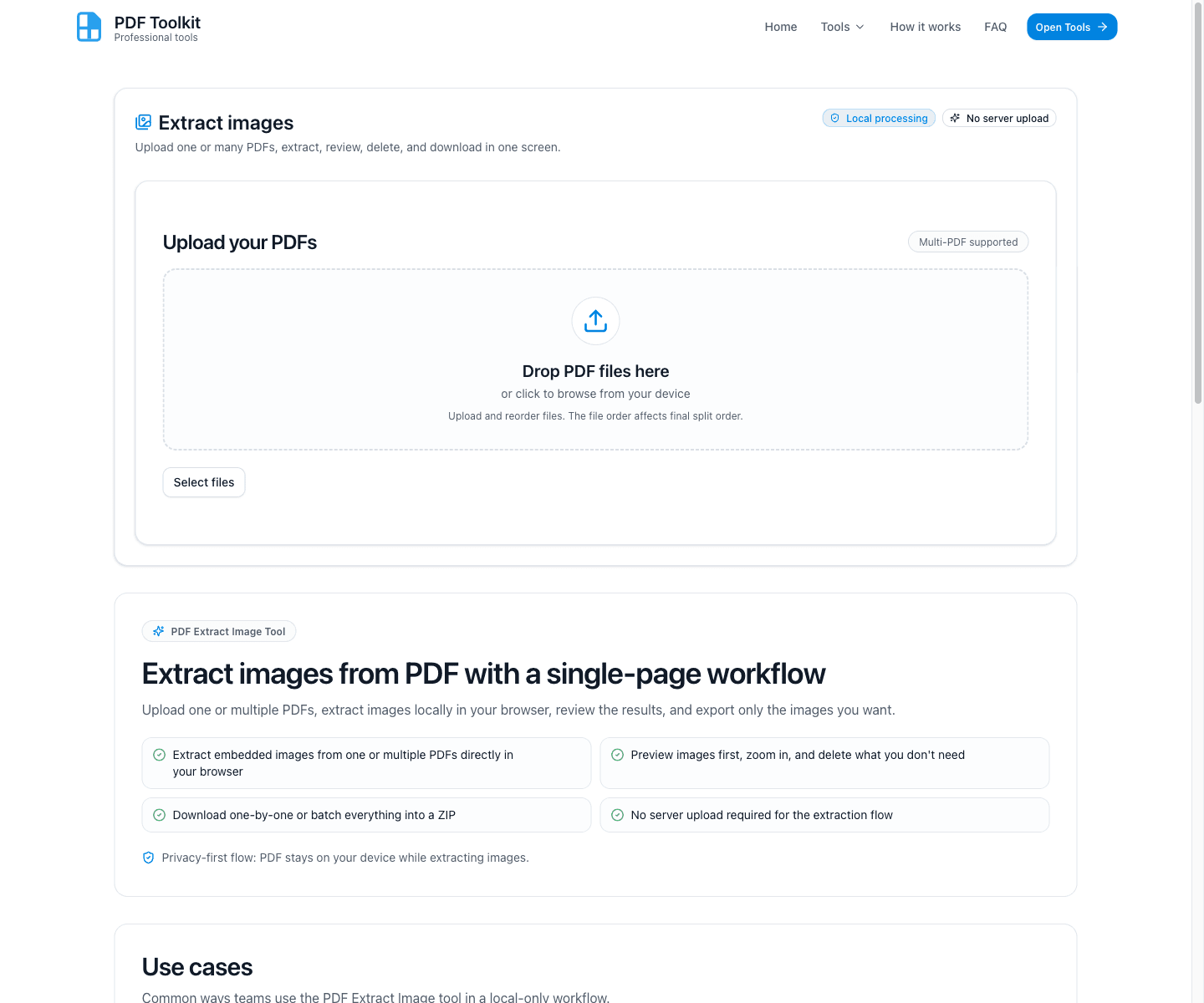 PDF Extract Image tool landing screen with upload area