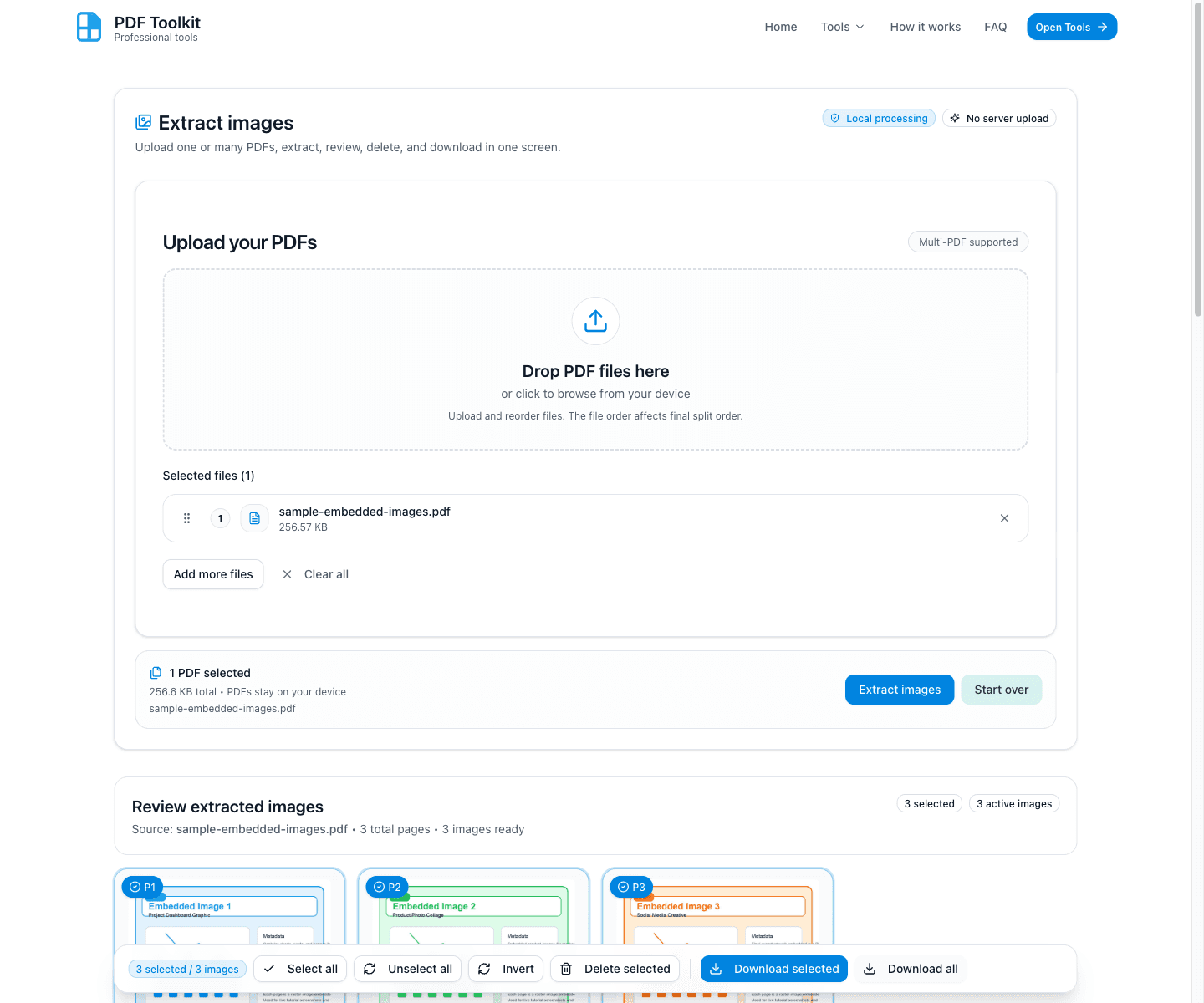 Review extracted images section with image tiles and sticky action bar