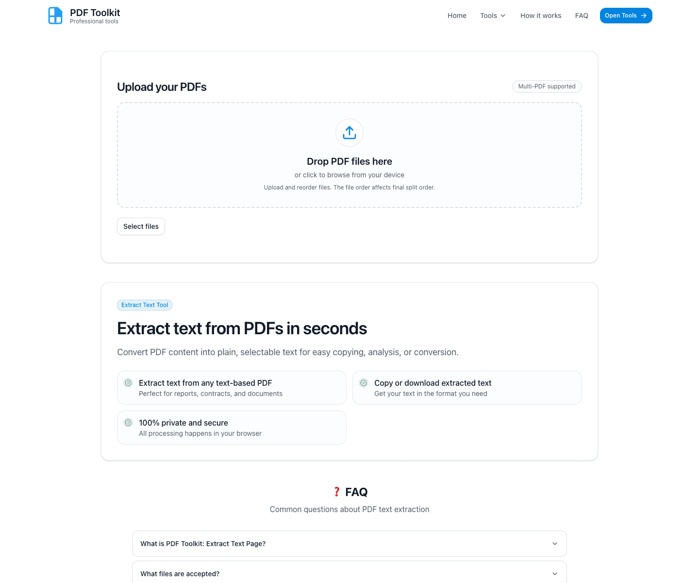 PDF Extract Text landing screen with upload area and feature cards