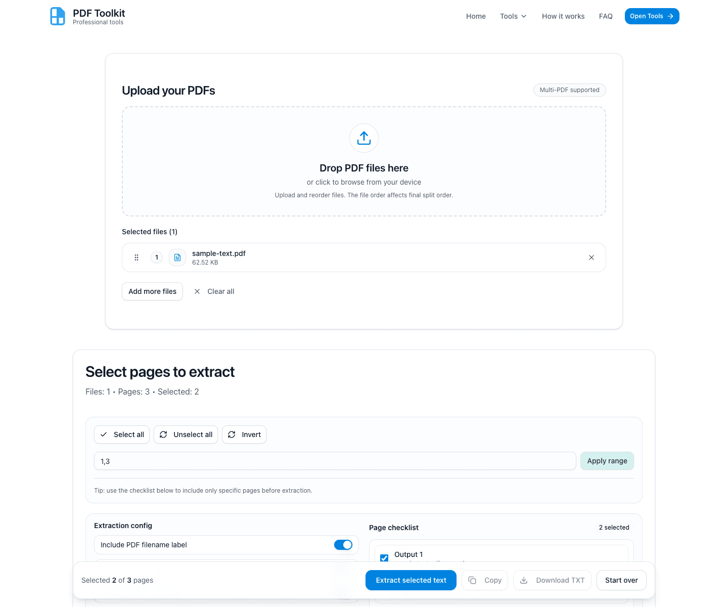 Custom range applied in page selector for PDF text extraction