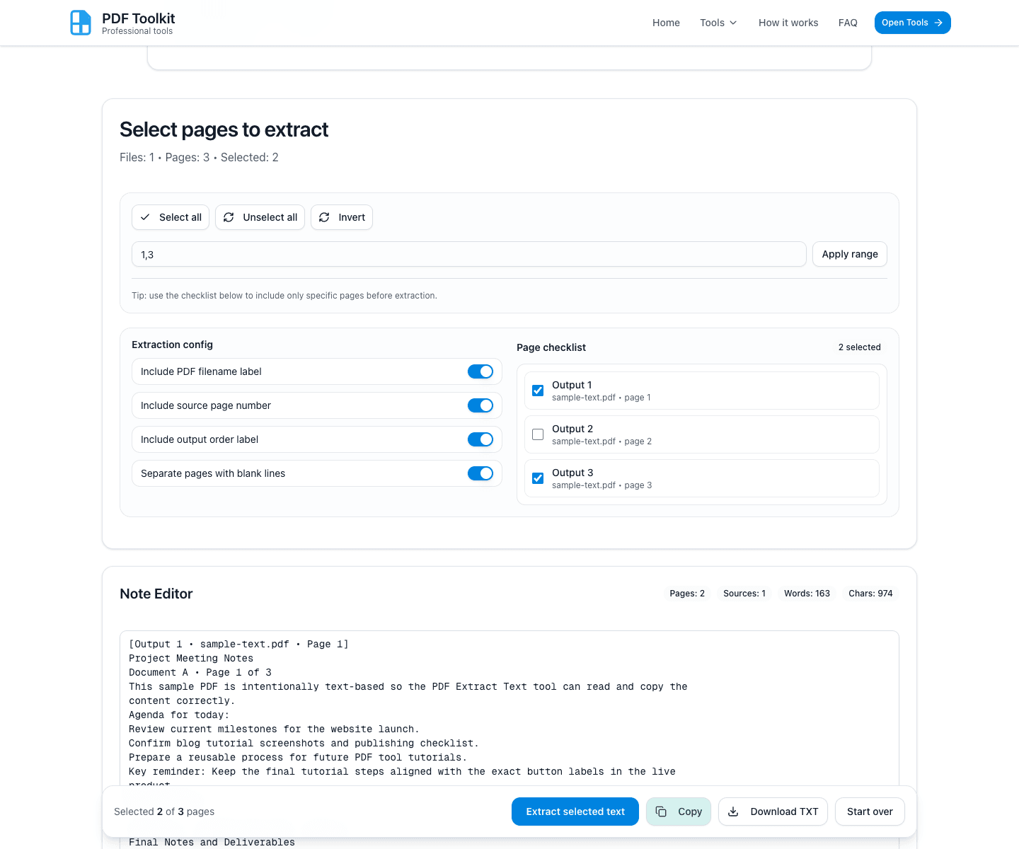 Copy action success state in PDF Extract Text tool