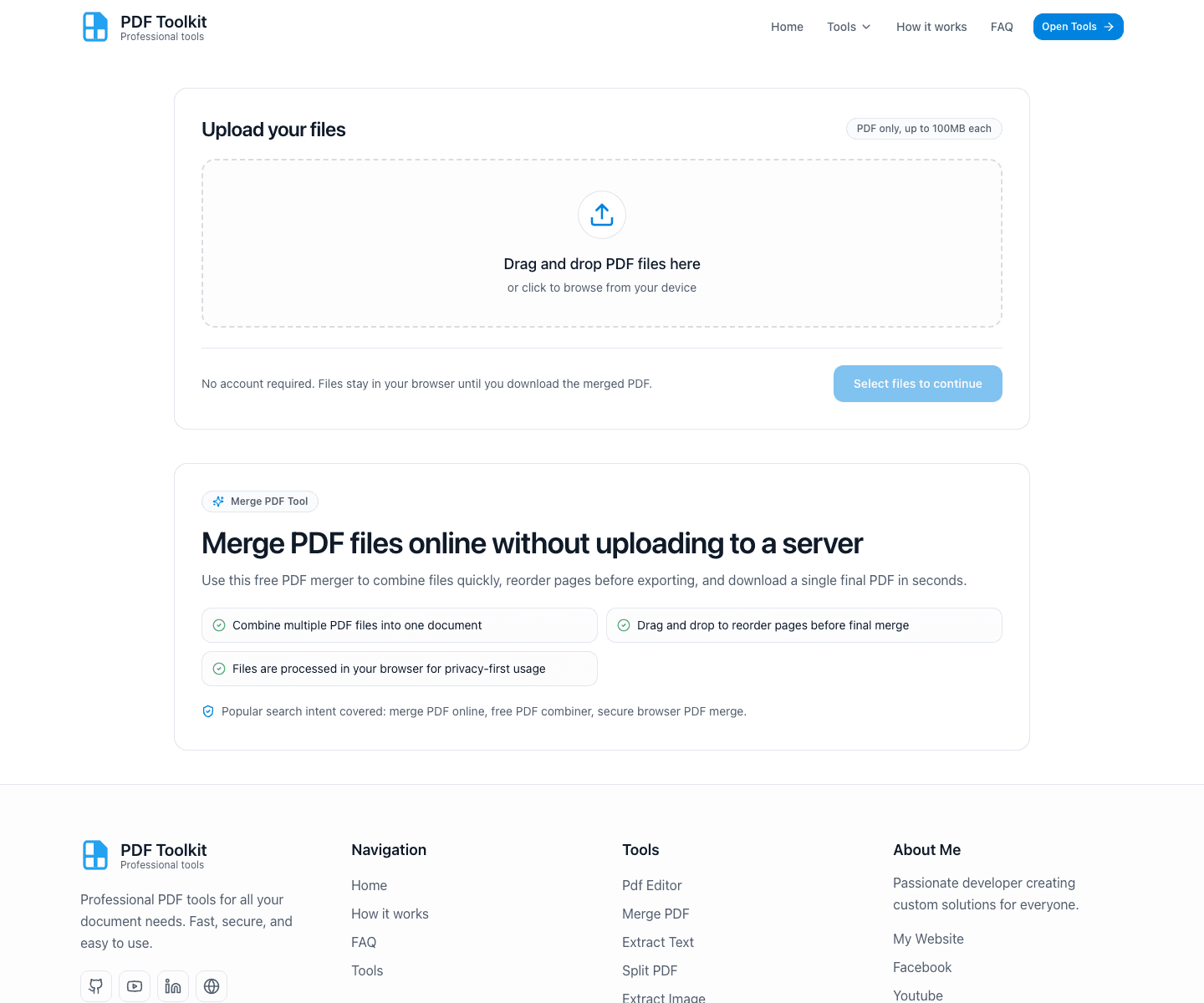 Merge PDF tool landing page with upload card
