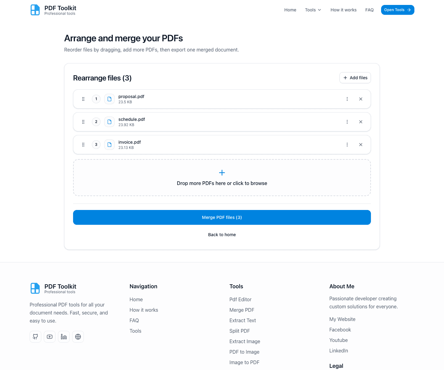 Arrange and merge screen with file list and merge button