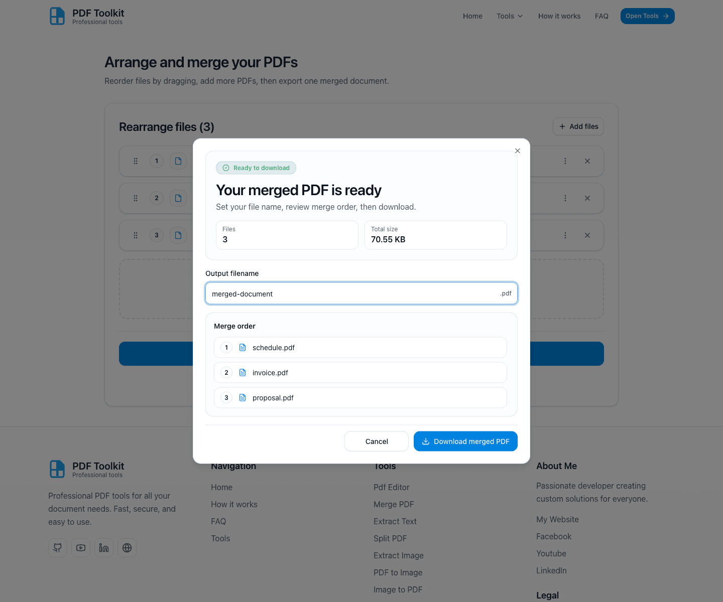 Your merged PDF is ready dialog with output filename and merge order