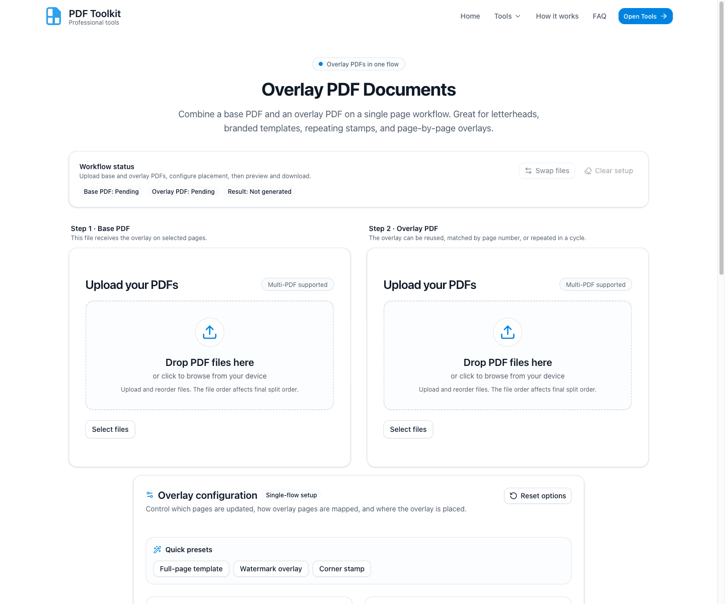 PDF Overlay tool page showing the hero section, workflow status, and upload areas