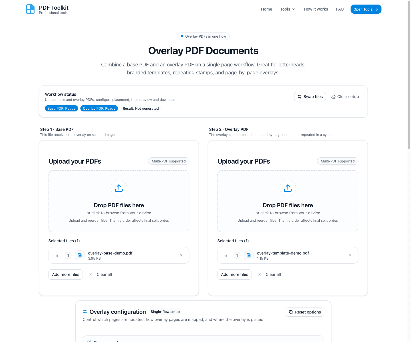 Both base and overlay PDF upload cards filled with selected files in the PDF Overlay tool