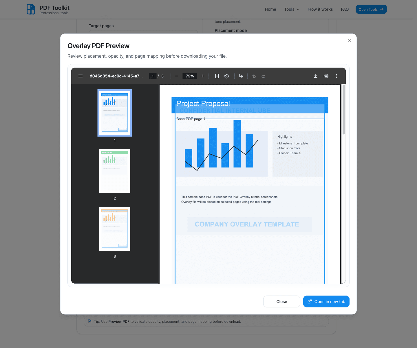 Overlay PDF Preview modal showing the overlaid output pages before download