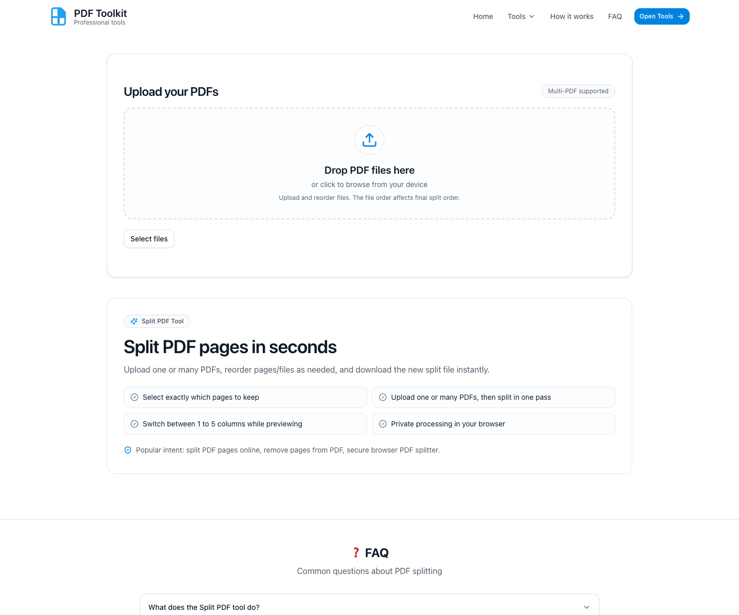 Split PDF tool landing screen with upload area