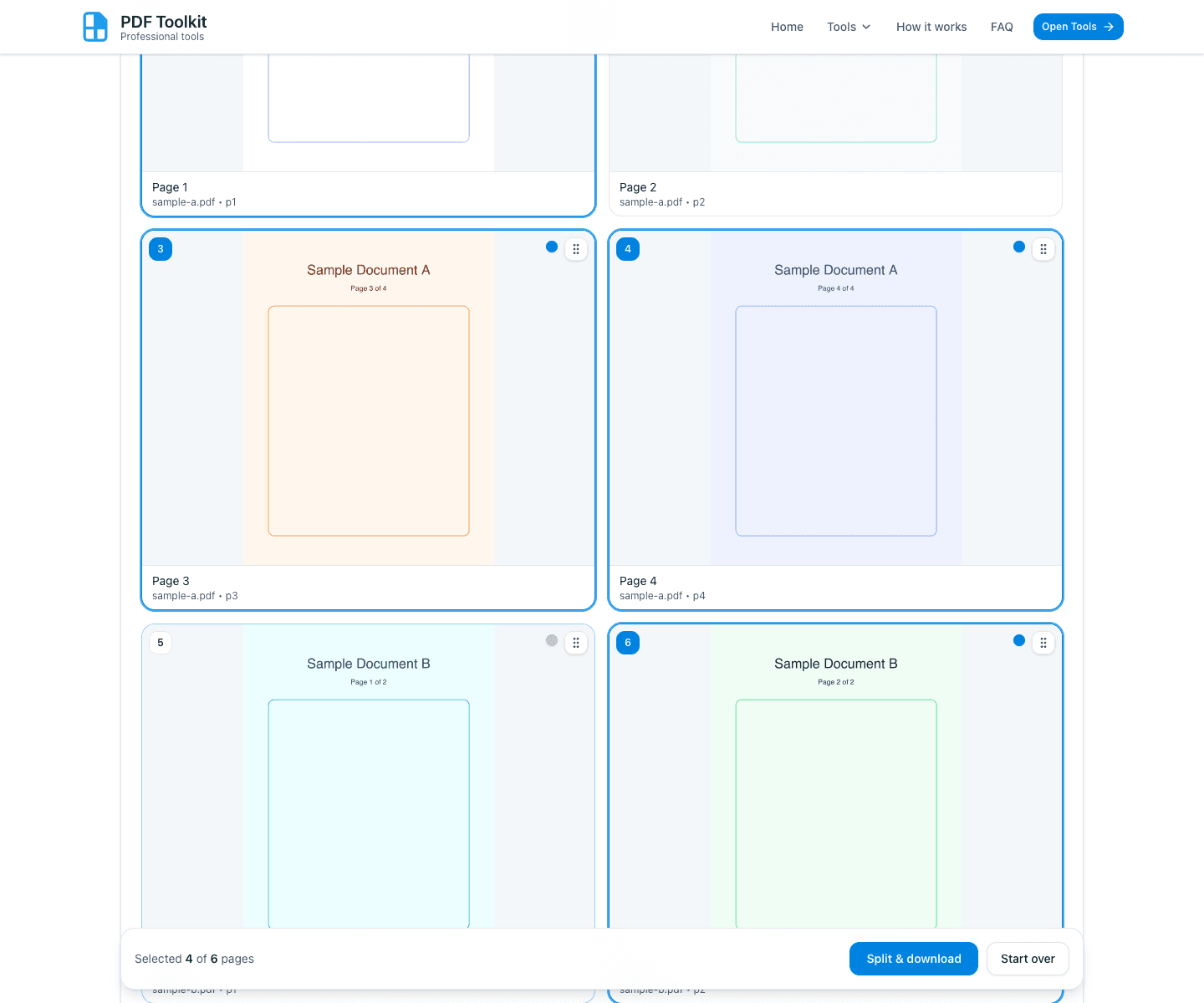 Page grid with selected and unselected pages before splitting