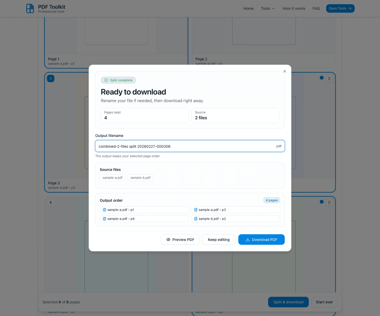 Ready to download dialog with output filename and page order