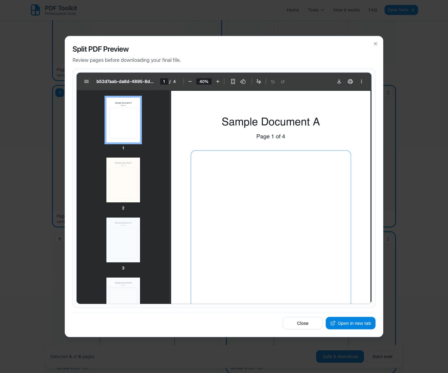 Split PDF preview dialog before final download