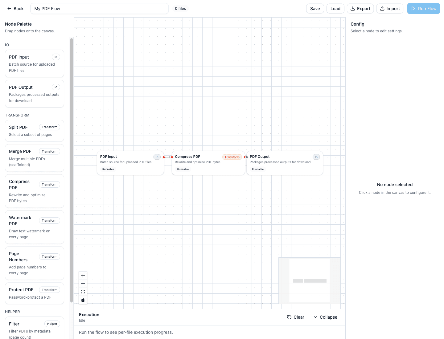 PDF Flow Builder page showing Node Palette, starter nodes, Config panel, and Execution panel