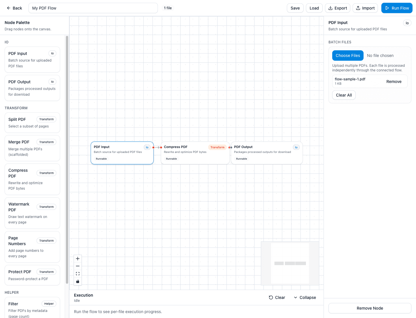 PDF Input node selected with Batch Files upload section in the Config panel