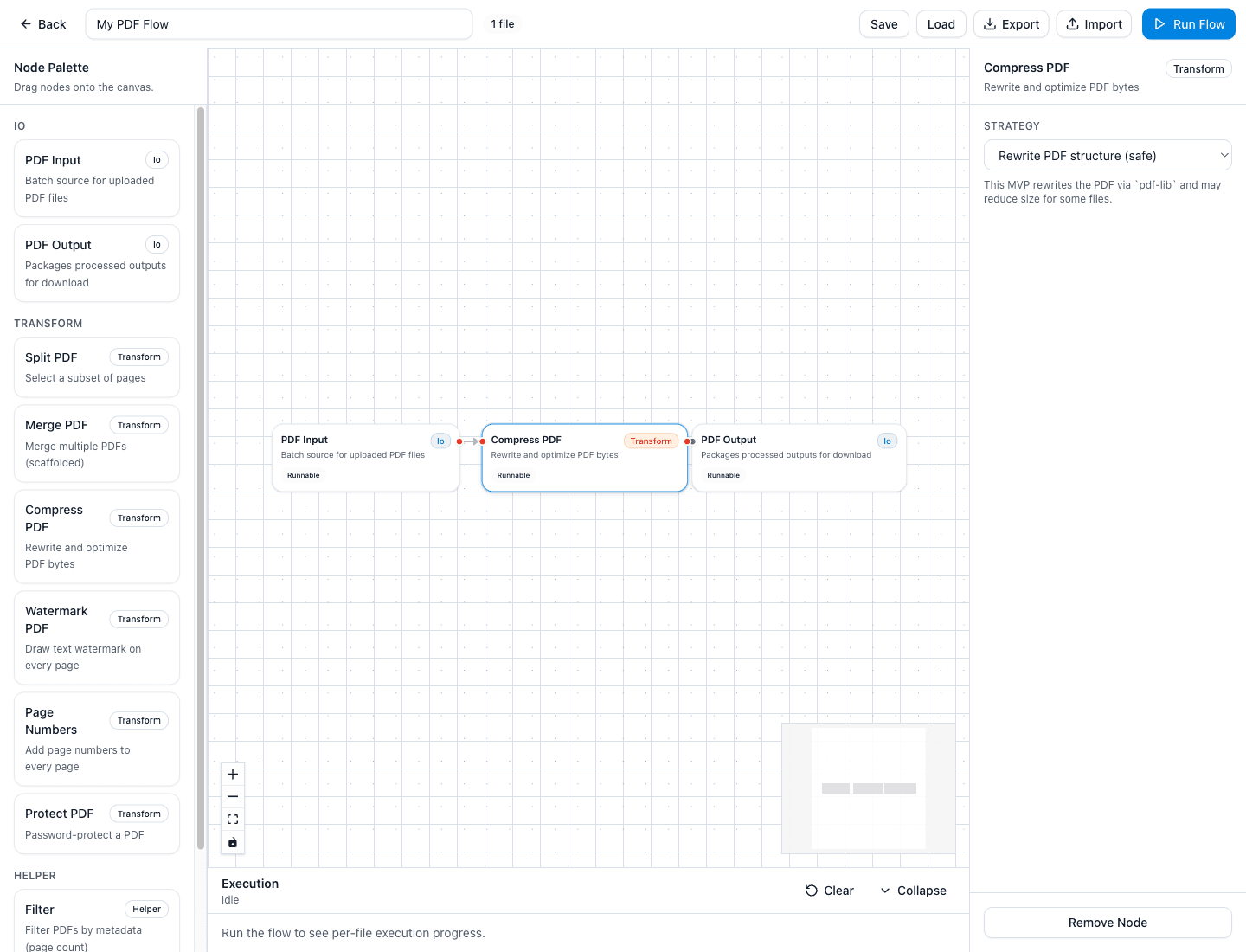 Compress PDF node selected with Strategy setting in the Config panel