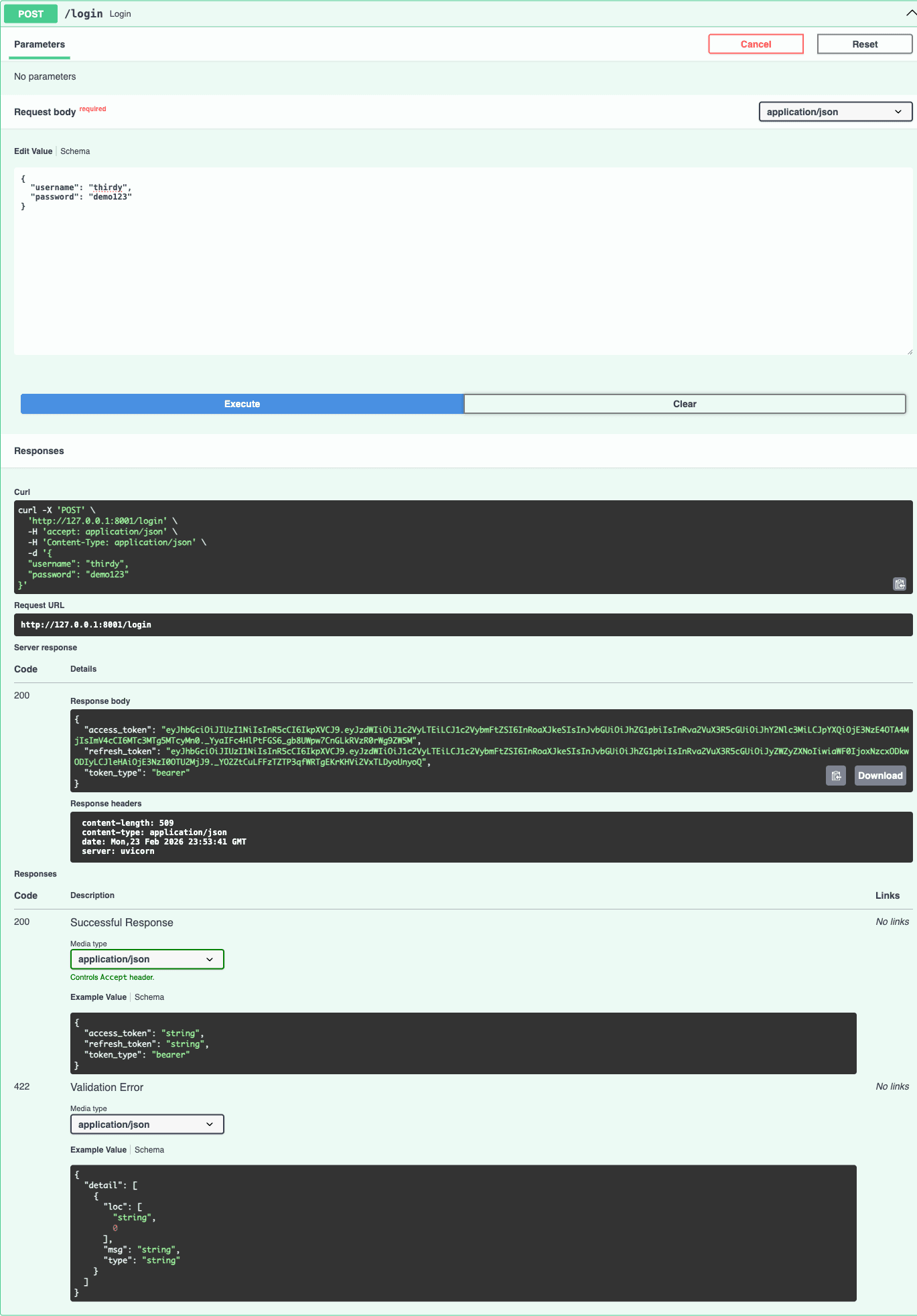 Swagger UI showing POST /login executed and returning access and refresh tokens