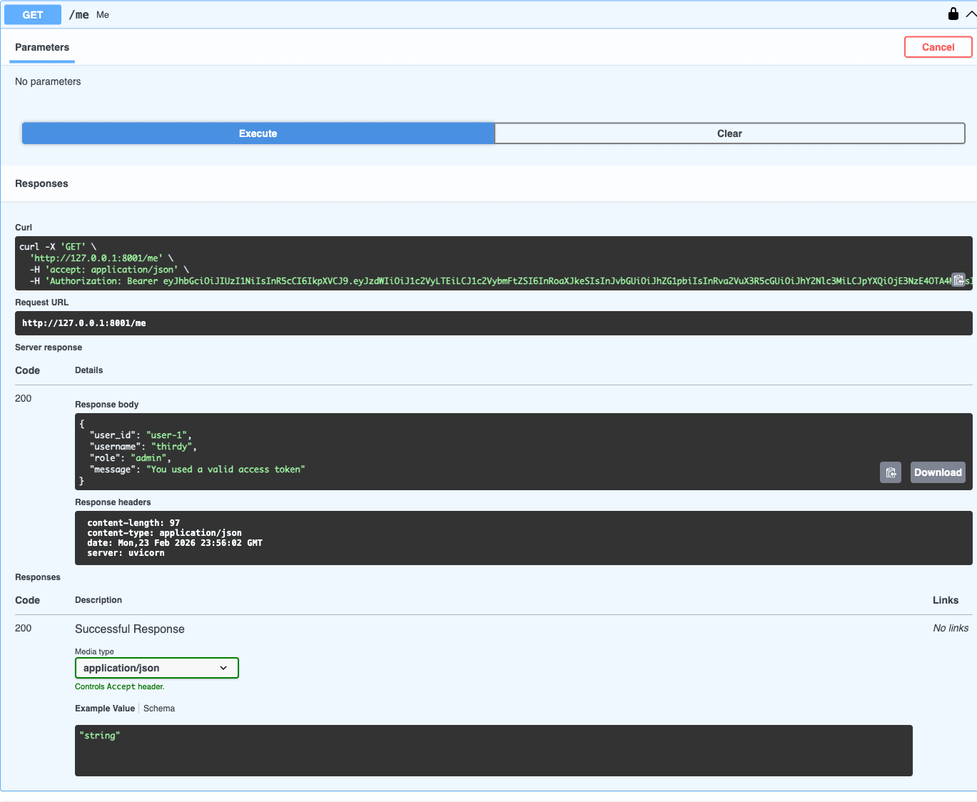 Swagger UI showing GET /me success after authorizing with the access token