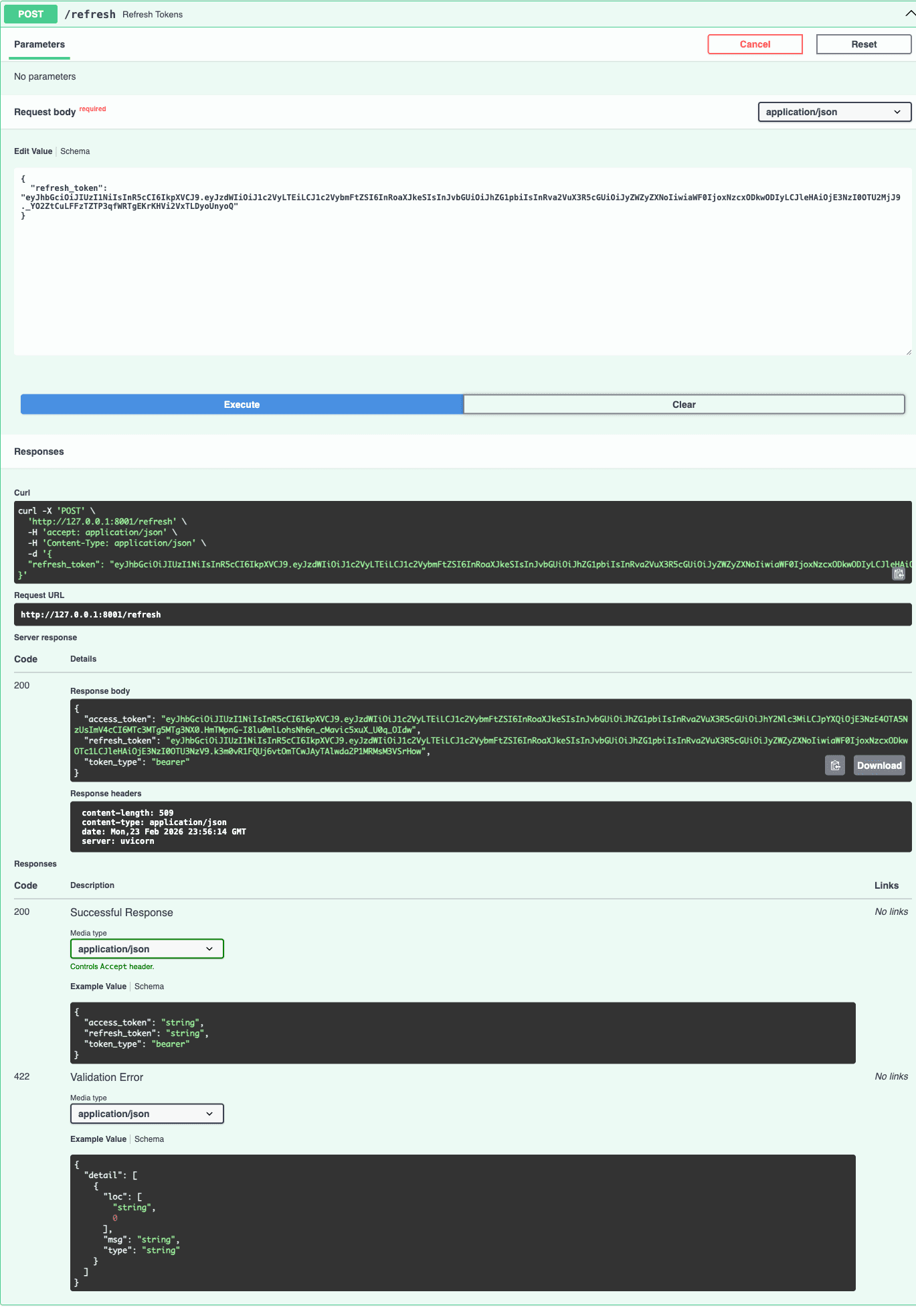 Swagger UI showing POST /refresh executed with a refresh token to return new tokens
