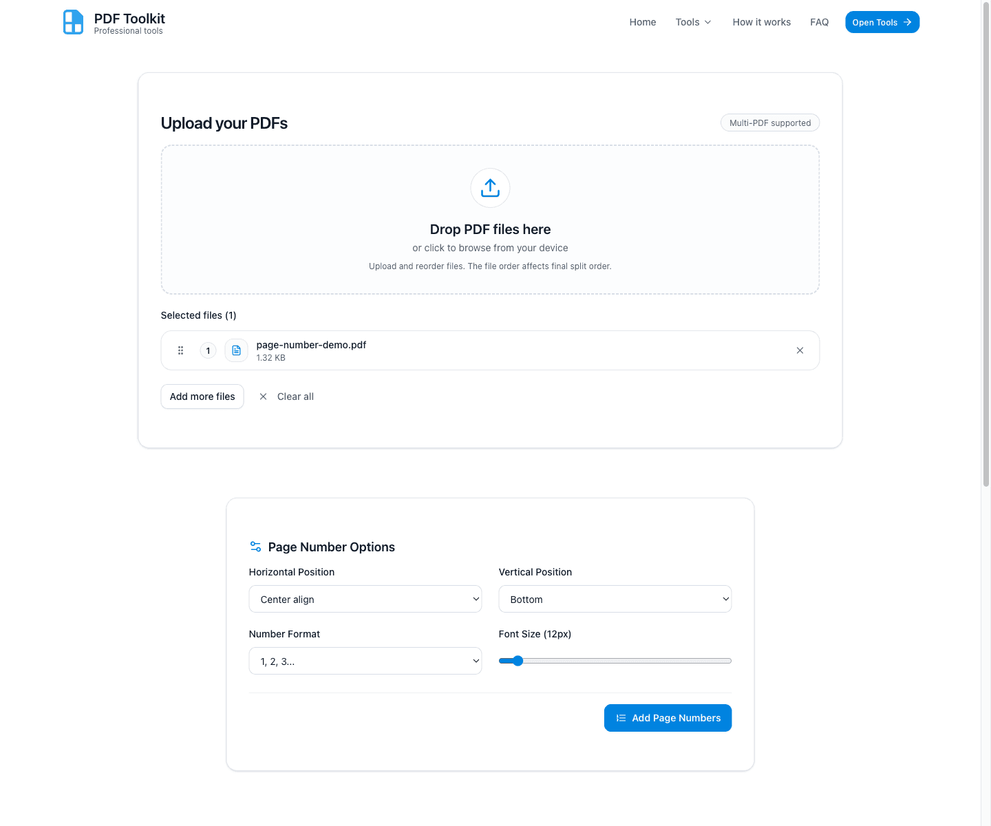Uploaded PDF file and the Page Number Options panel with default settings