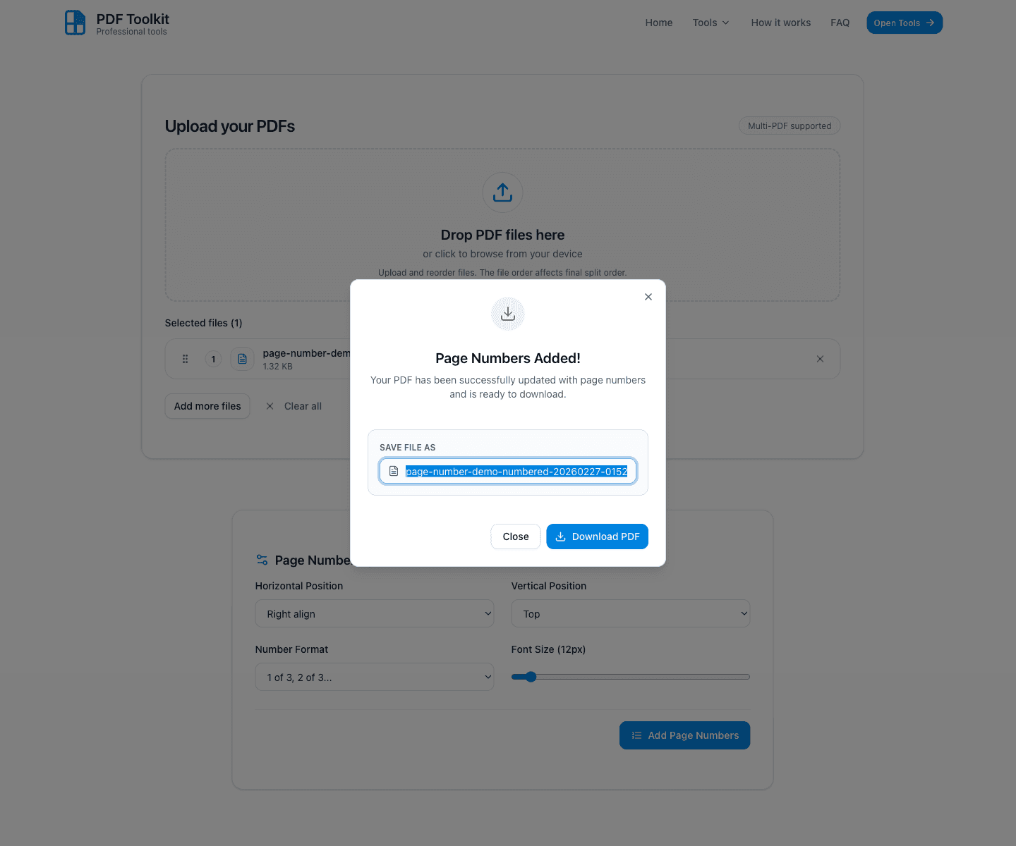 Success dialog titled Page Numbers Added after processing the PDF