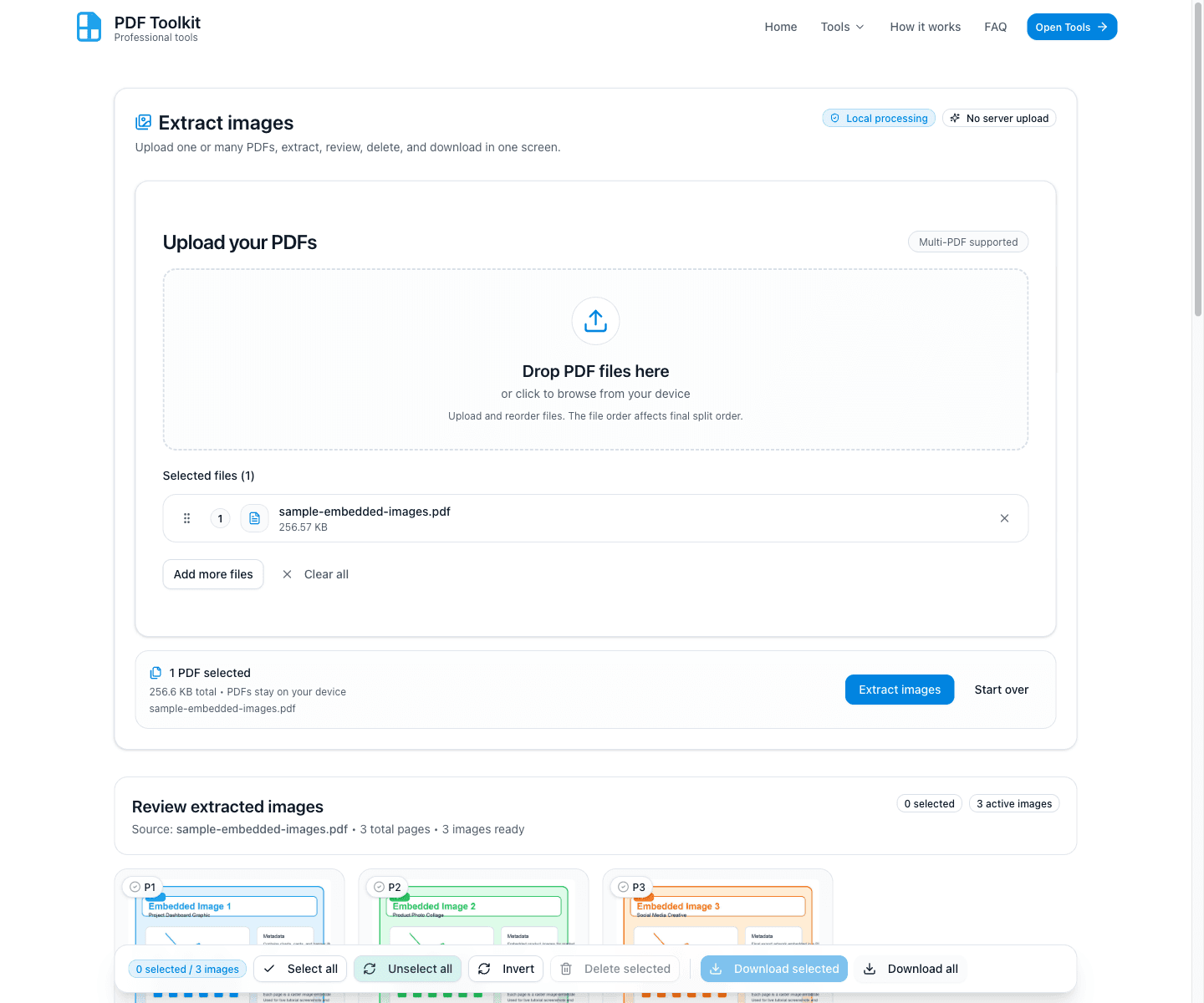 PDF Extract Image sticky action bar with selection controls and download buttons