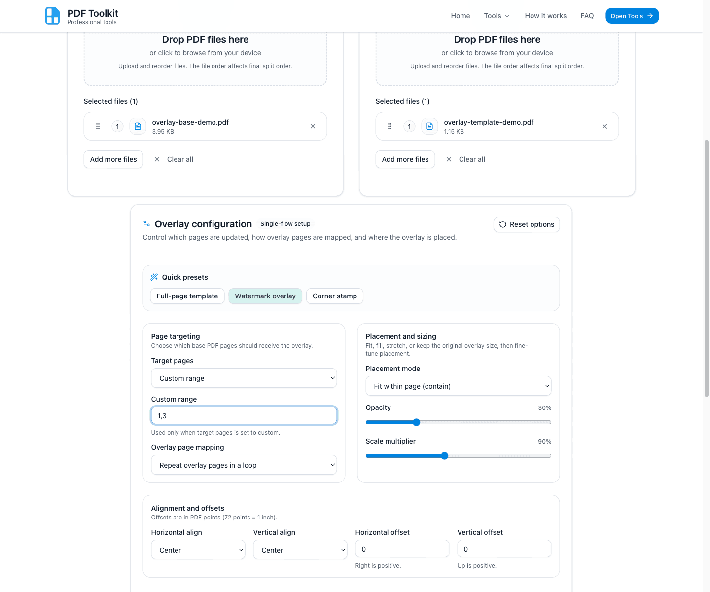 Overlay configuration panel showing page targeting, custom range, overlay page mapping, and placement settings