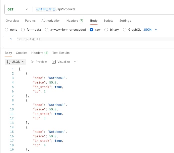 postman get products