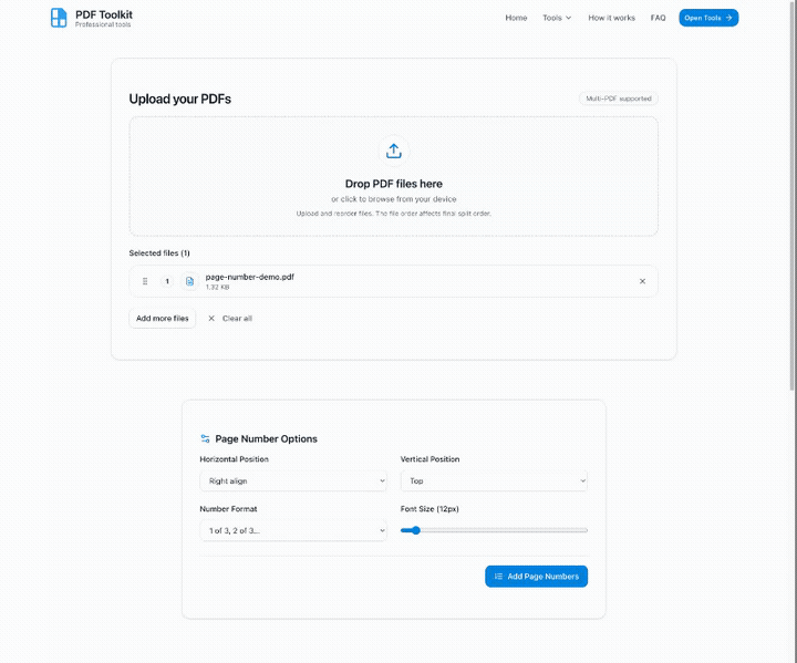 Animated Page Number PDF tutorial showing upload, option changes, add page numbers, and download dialog