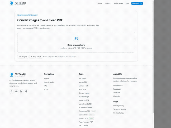 Animated Image to PDF tutorial showing upload, page setup, image organization, preview, and save PDF