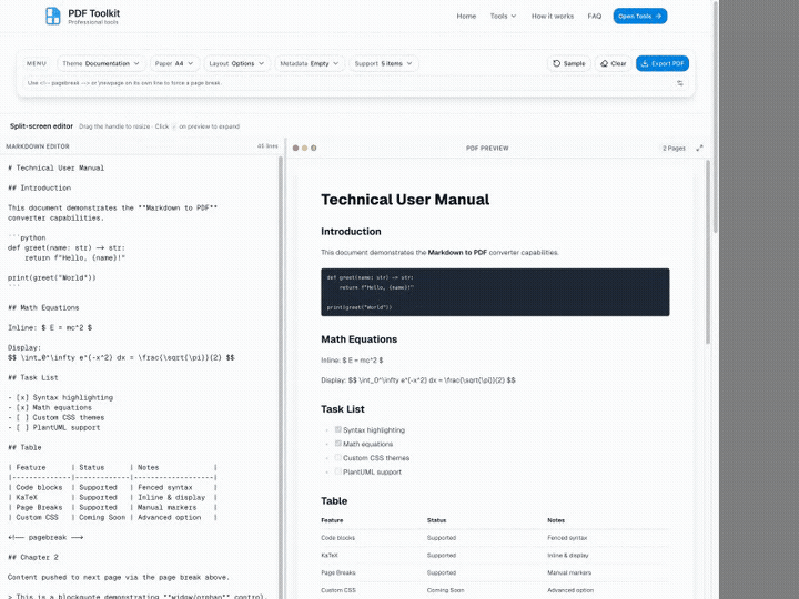 Animated Markdown to PDF tutorial showing editor updates, theme and paper configuration, full preview, and export