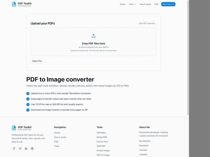 Animated PDF to Image tutorial showing upload, page selection, preview, and convert and download
