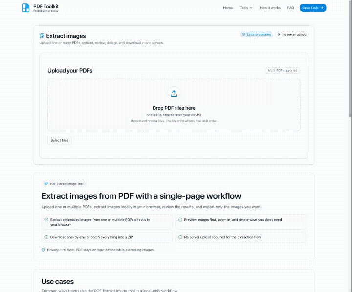 Animated tutorial for PDF Extract Image showing upload, extraction, preview, and selection management