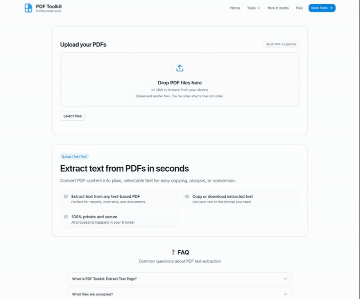 Animated tutorial for PDF Extract Text tool showing upload, page selection, extraction, and copy/download actions