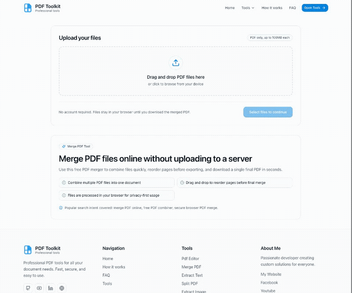 Animated Merge PDF tutorial showing upload, arrange, reorder, and download dialog