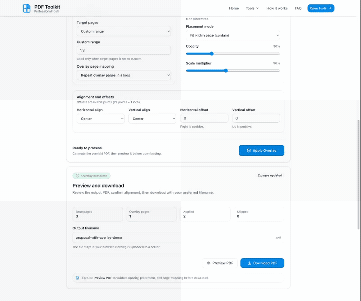Animated PDF Overlay tutorial showing uploads, overlay configuration, result preview, and download