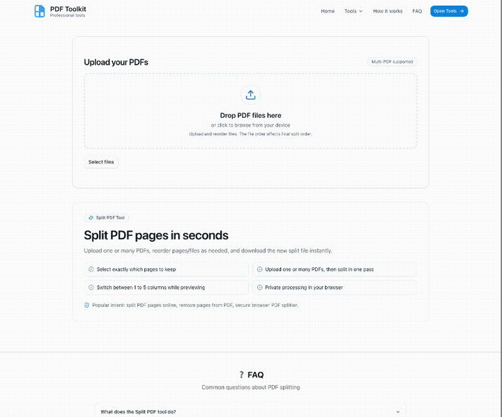 Animated walkthrough of uploading PDFs, selecting pages, and downloading the split PDF