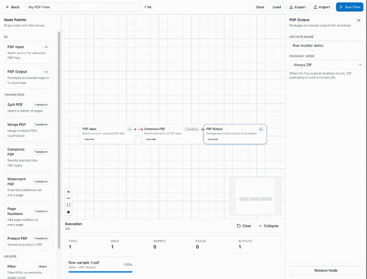 Animated PDF Flow Builder tutorial showing PDF Input upload, node configuration, Run Flow, and execution results